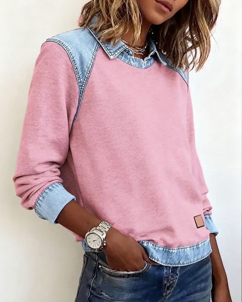 Martine | Damen Sweatshirt mit Denim-Kragen und langen Ärmeln