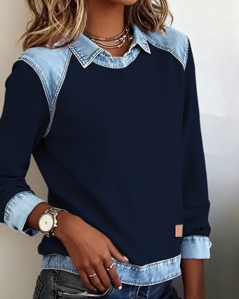 Martine | Damen Sweatshirt mit Denim-Kragen und langen Ärmeln