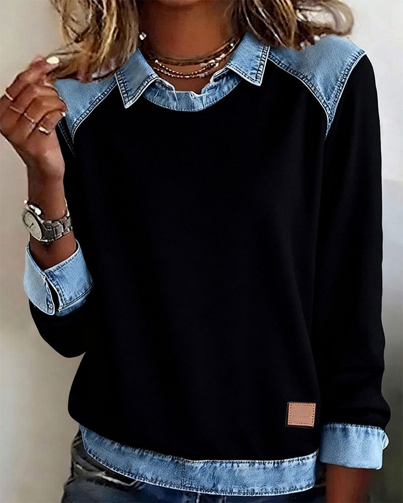 Martine | Damen Sweatshirt mit Denim-Kragen und langen Ärmeln