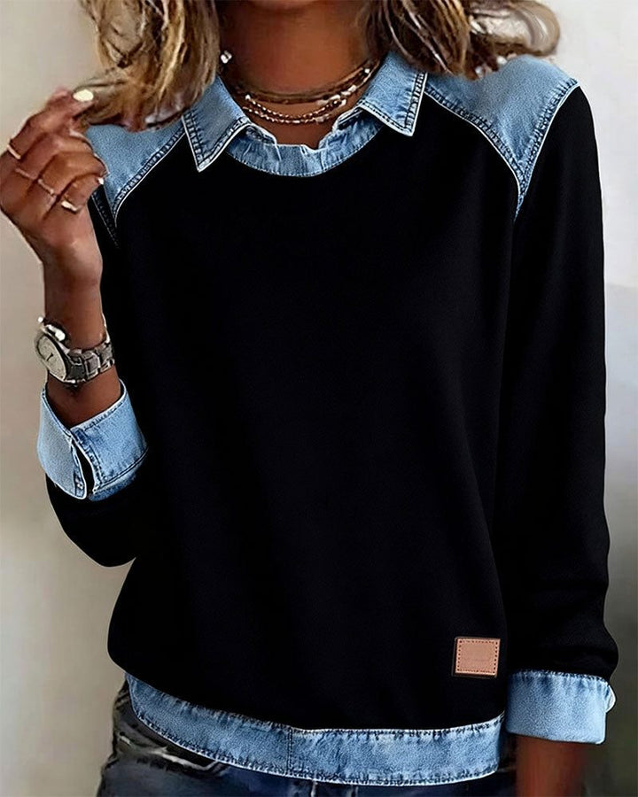 Martine | Damen Sweatshirt mit Denim-Kragen und langen Ärmeln