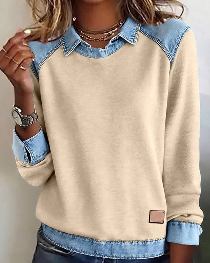 Martine | Damen Sweatshirt mit Denim-Kragen und langen Ärmeln