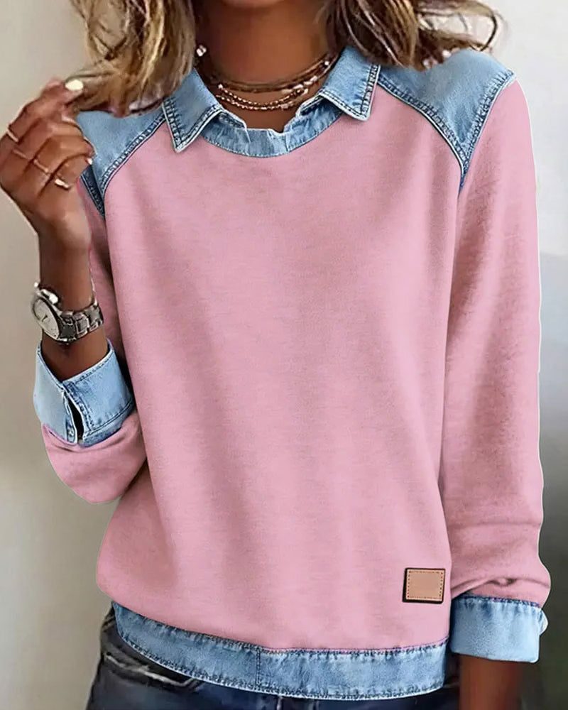 Martine | Damen Sweatshirt mit Denim-Kragen und langen Ärmeln