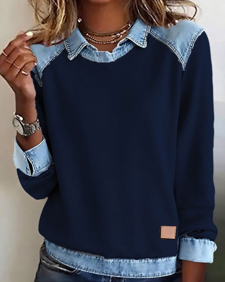 Martine | Damen Sweatshirt mit Denim-Kragen und langen Ärmeln