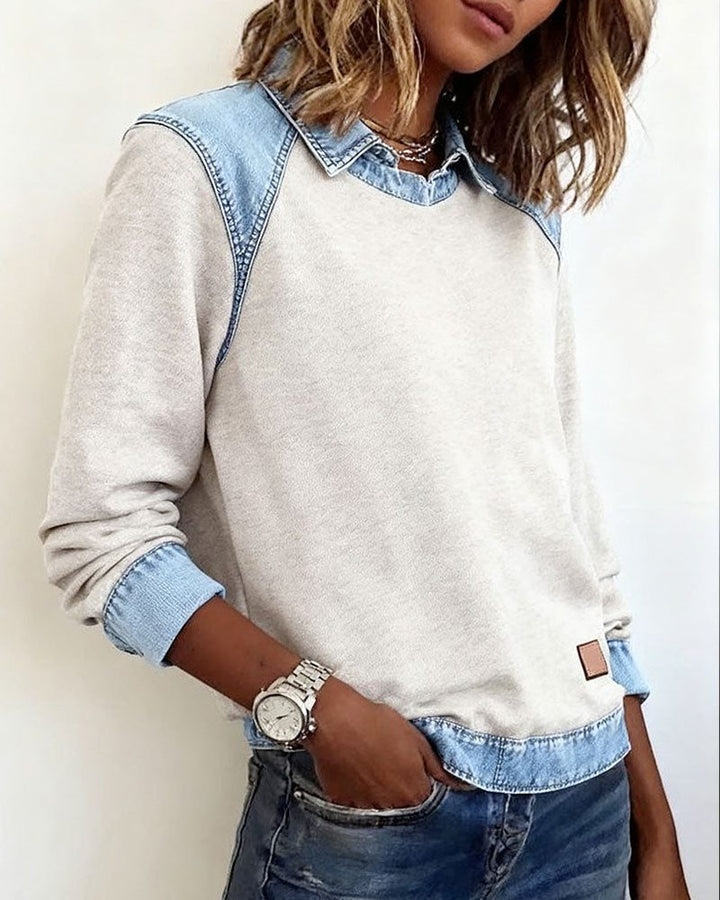 Martine | Damen Sweatshirt mit Denim-Kragen und langen Ärmeln