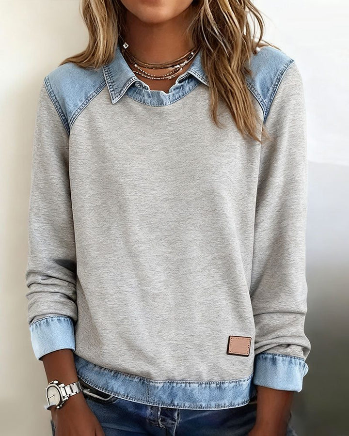 Martine | Damen Sweatshirt mit Denim-Kragen und langen Ärmeln