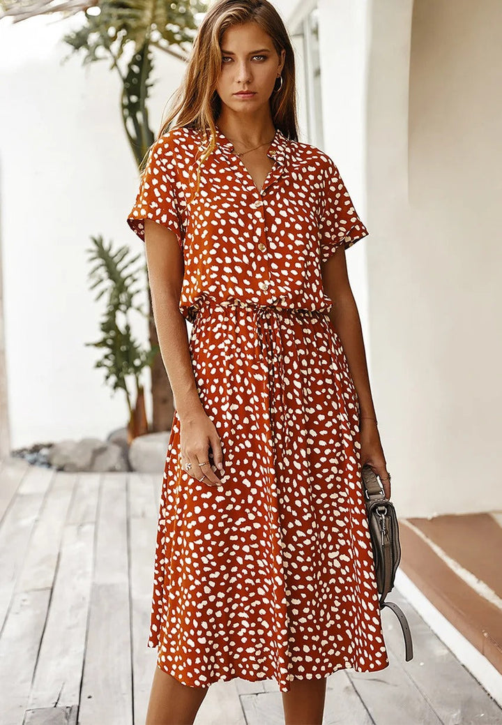 Elizabeth - Damen Midi Hemdkleid mit Tierdruck und kurzen Ärmeln
