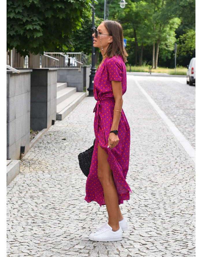 Lange Wickelkleid für Frauen | Tailliertes Design | Punkte-Muster