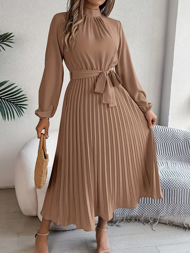 Damen Langarm Falten Kleid mit Gürtel