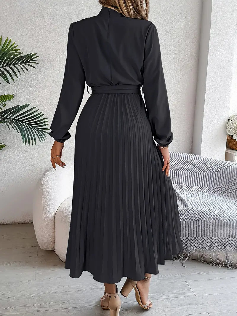 Damen Langarm Falten Kleid mit Gürtel
