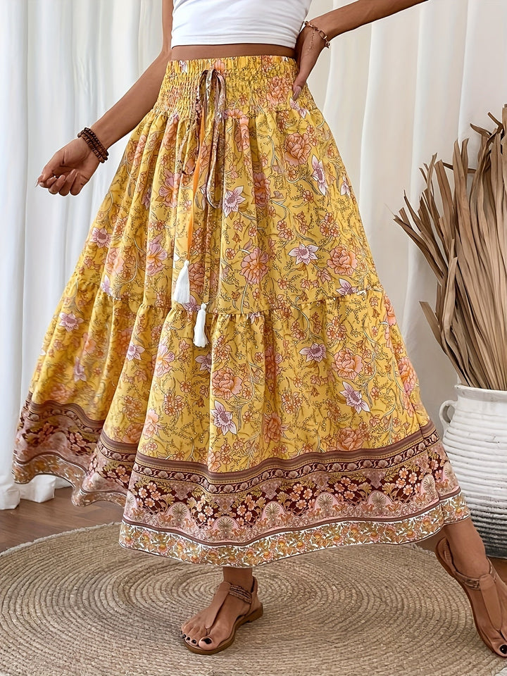Damen Boho Lange Blumige Elegante Sommermode Rock mit Taschen