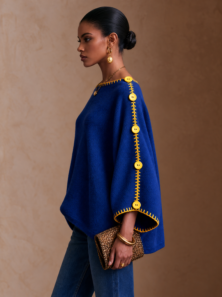 Damen Pullover mit Kontrastnähten und Knöpfen, lange Ärmel