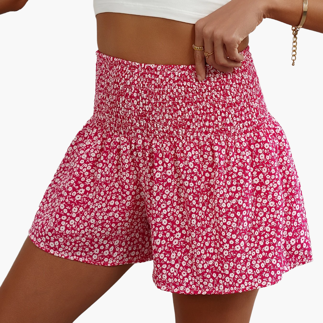 Kurze Damenhose mit hoher Taille und Rüschen, lässiger Blumenstil für den Sommer