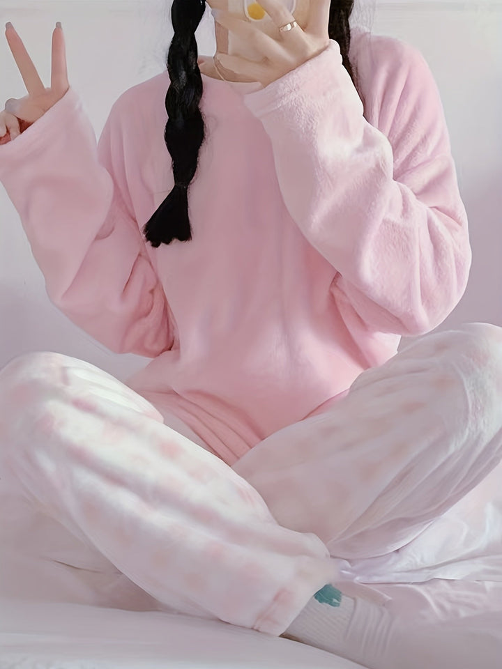 Lounge-Set Damen Zwei-Teilig Gemütliches Fleece Warm Pyjama Set Winter