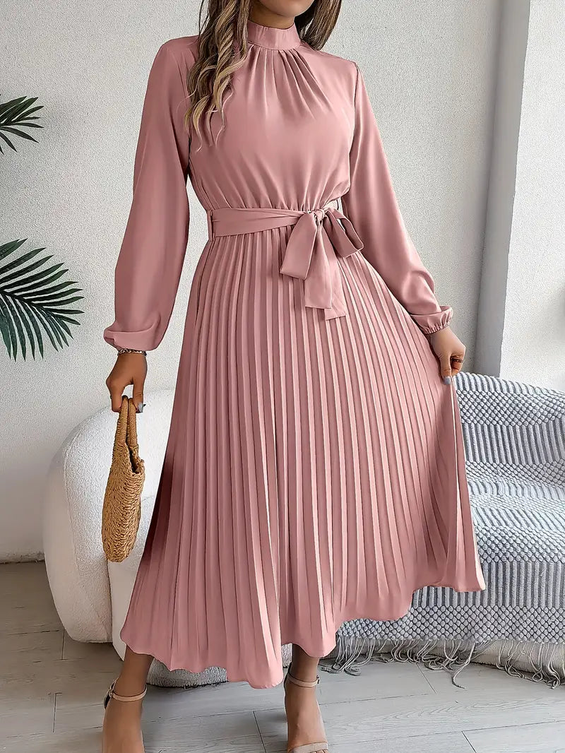 Damen Langarm Falten Kleid mit Gürtel