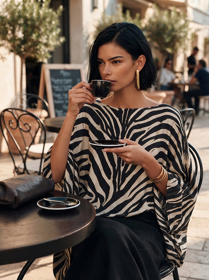 Damen Zebra-Print Asymmetrischer Saum Baumwoll-Mix Top