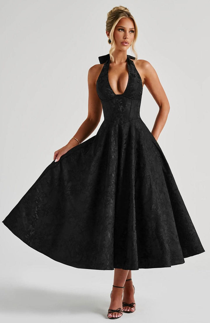 Rebecca - Jacquard Halter Neck Fit and Flare Midi Kleid