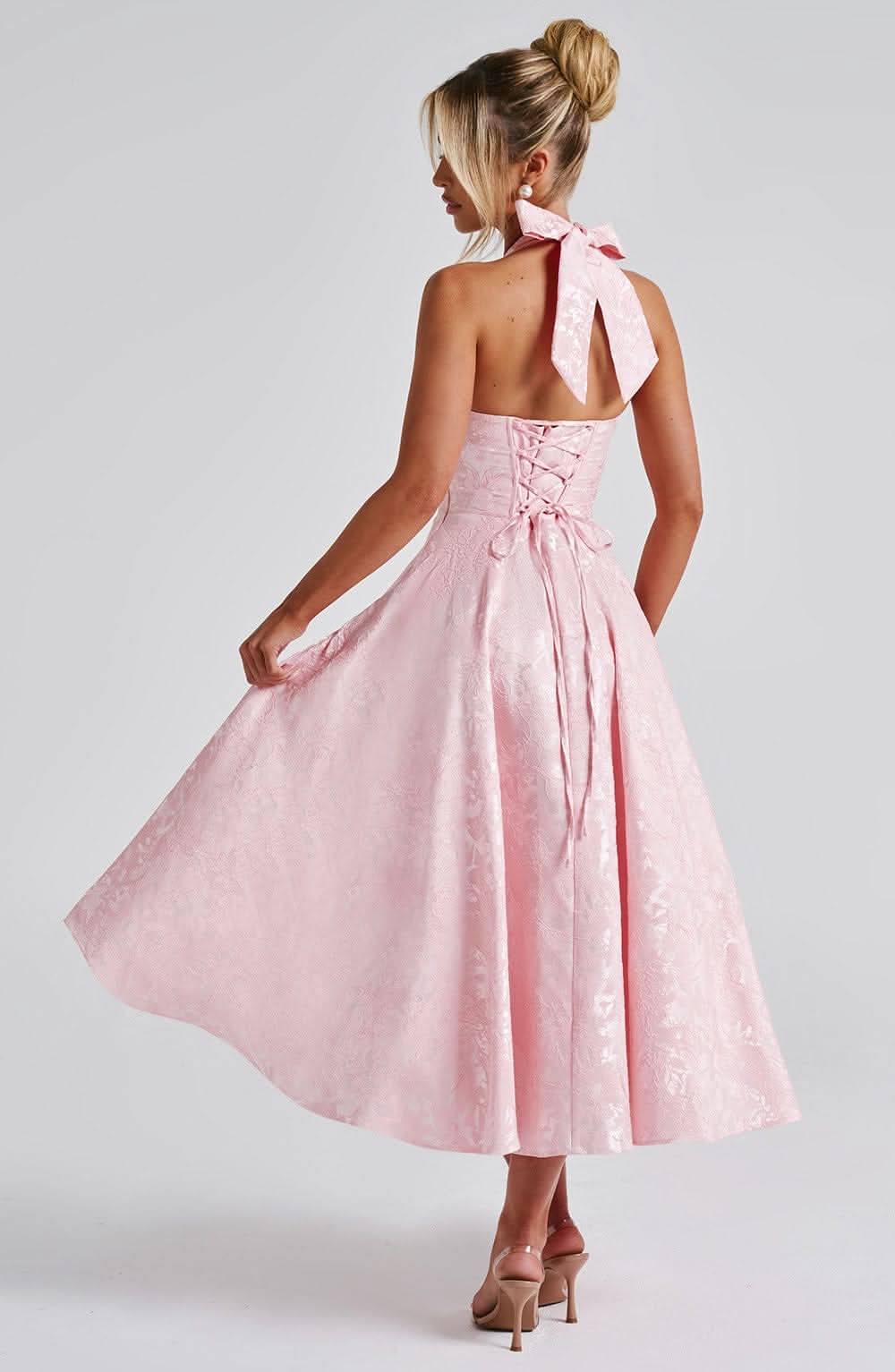 Rebecca - Jacquard Halter Neck Fit and Flare Midi Kleid