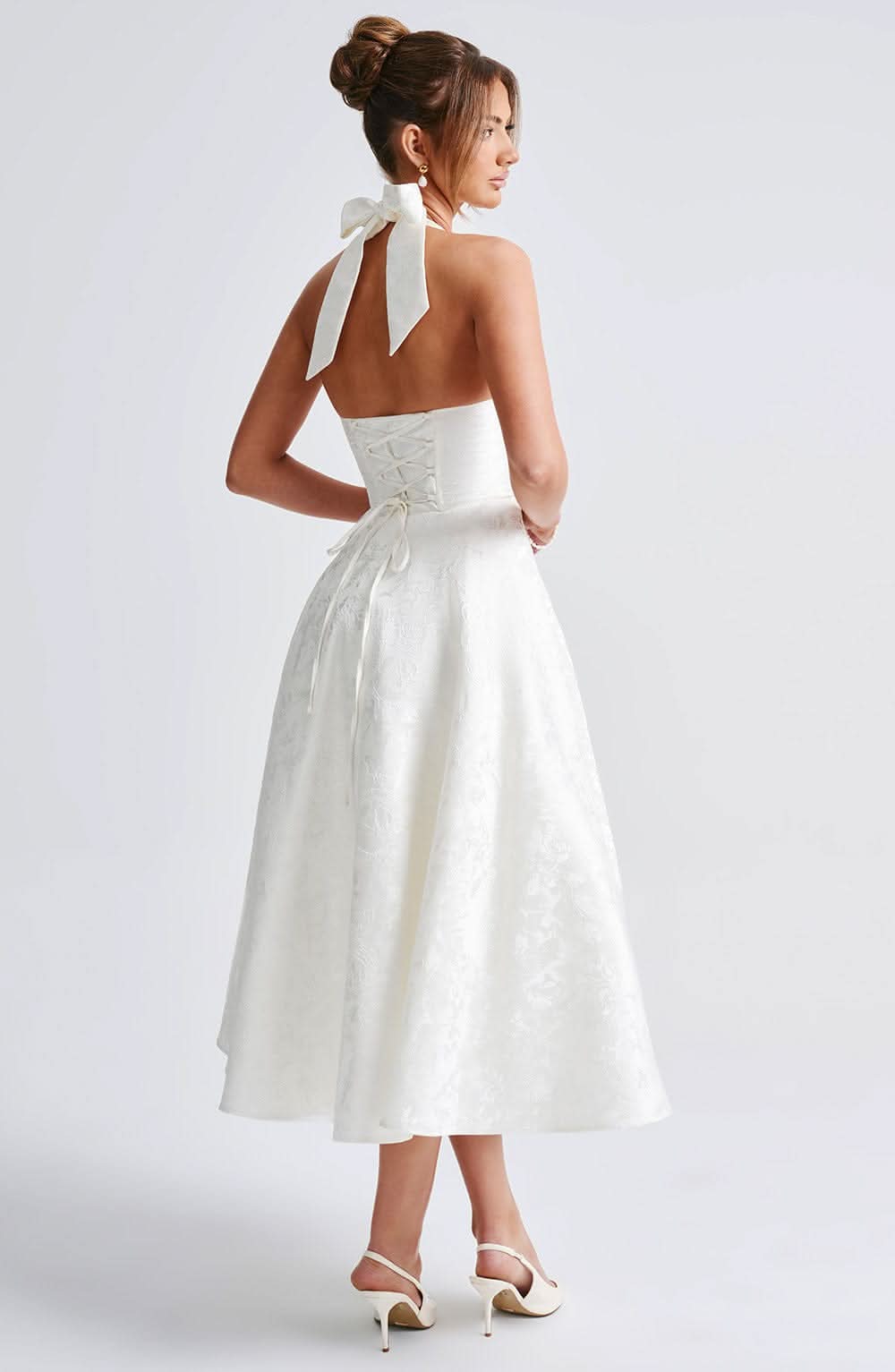 Rebecca - Jacquard Halter Neck Fit and Flare Midi Kleid