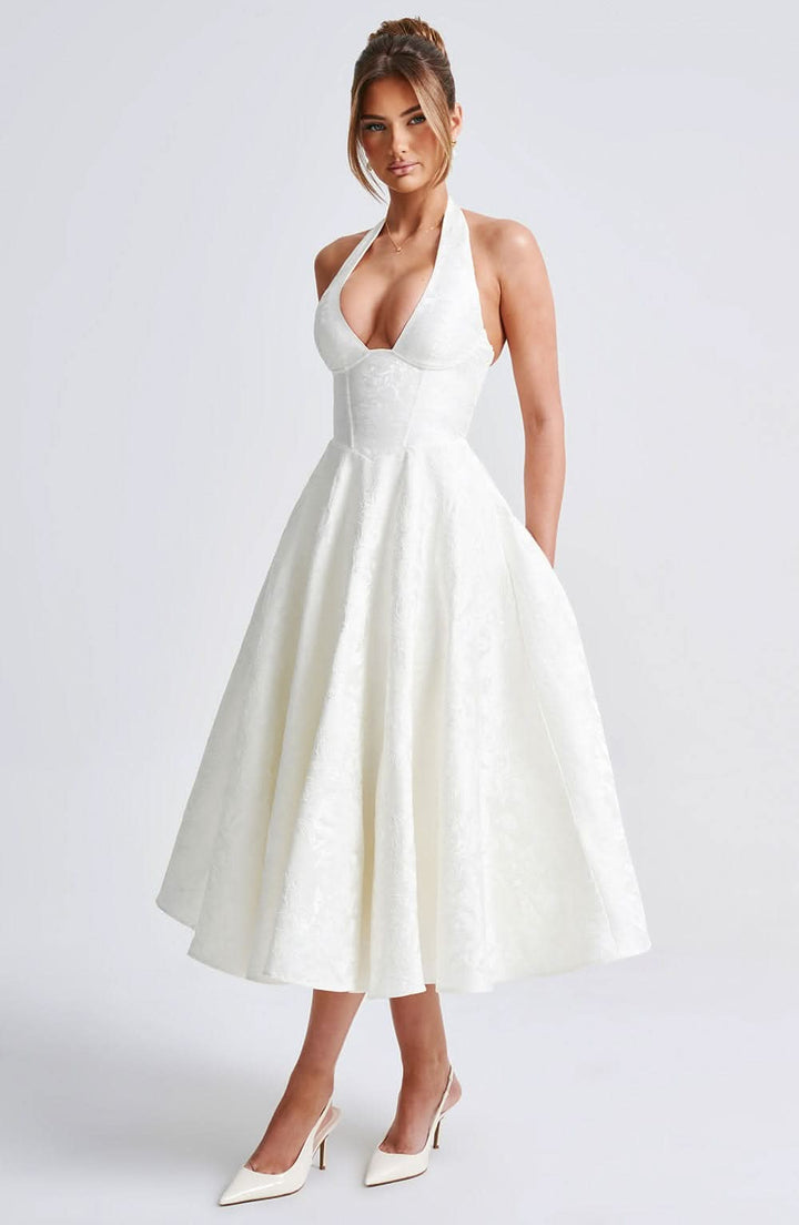 Rebecca - Jacquard Halter Neck Fit and Flare Midi Kleid