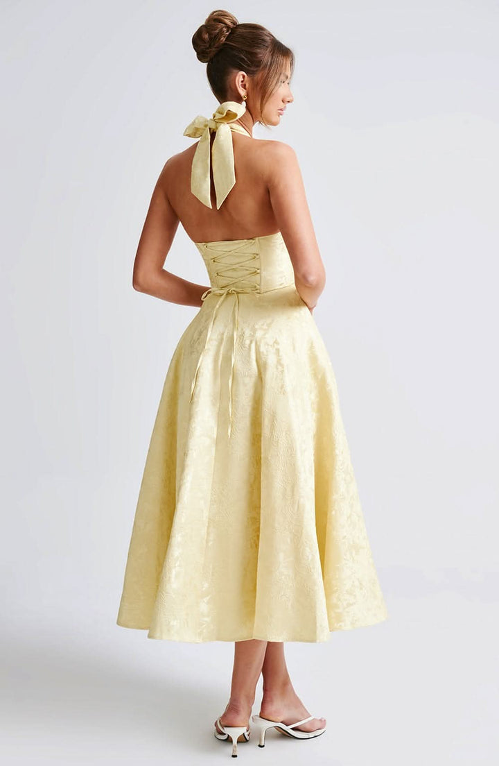 Rebecca - Jacquard Halter Neck Fit and Flare Midi Kleid