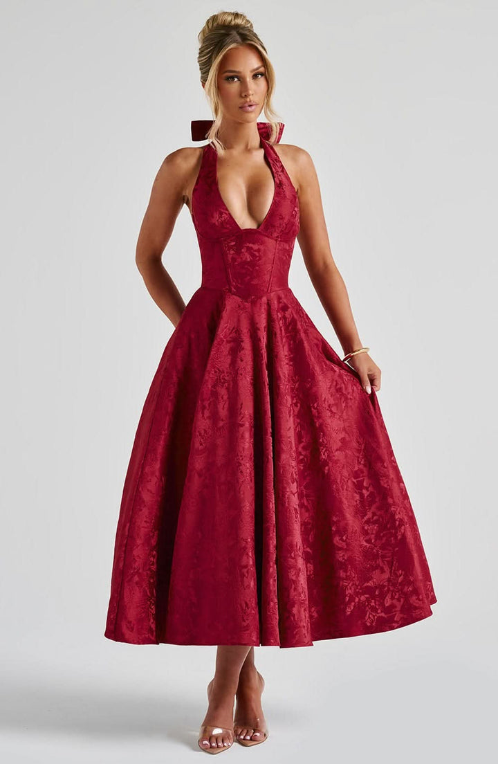 Rebecca - Jacquard Halter Neck Fit and Flare Midi Kleid