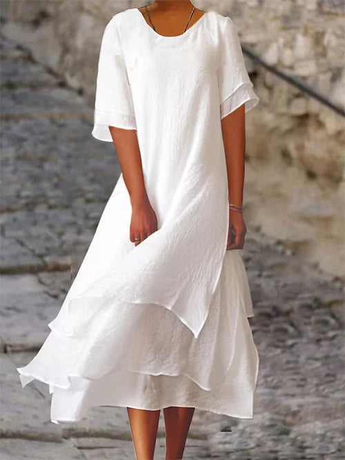 Doppeltes Baumwoll-Leinen-Kleid für Frauen | Midi