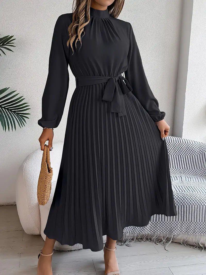 Damen Langarm Falten Kleid mit Gürtel