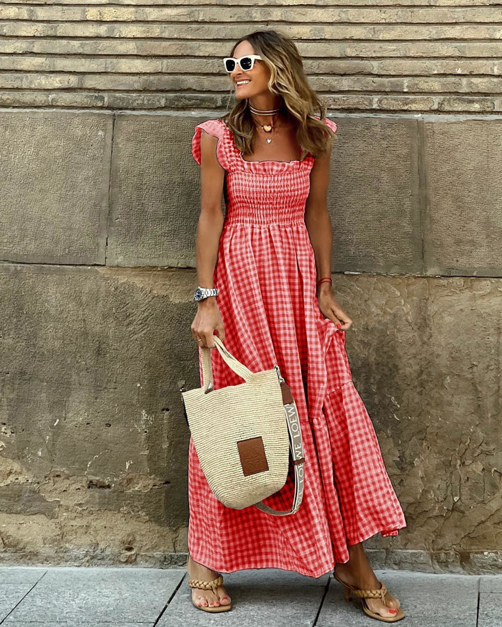 Fiona | Damen Smocked Gingham Maxikleid