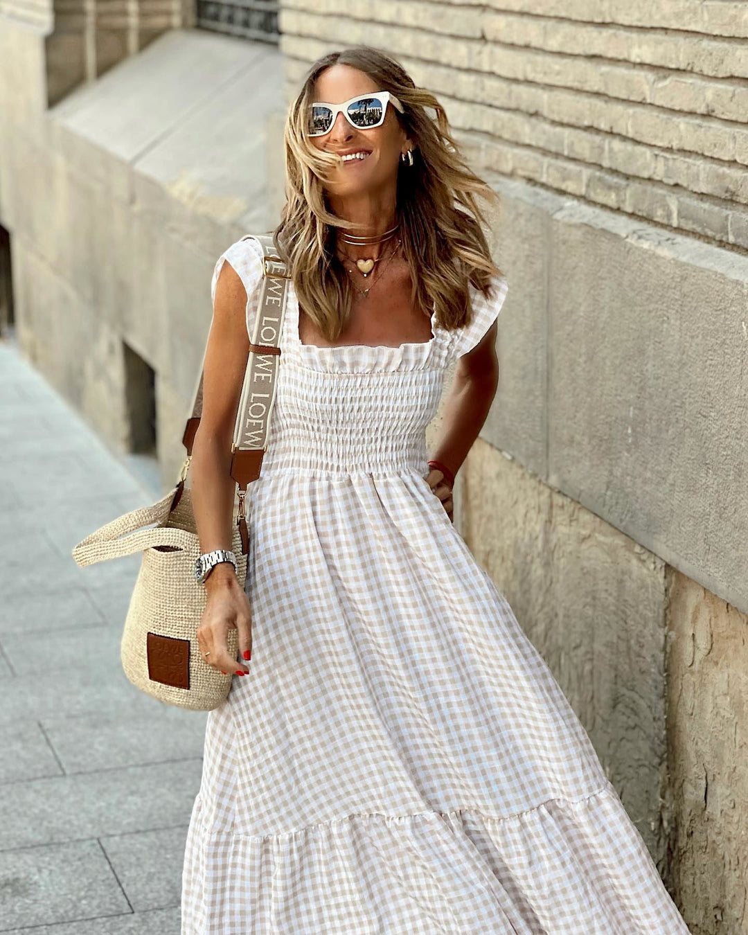 Fiona | Damen Smocked Gingham Maxikleid