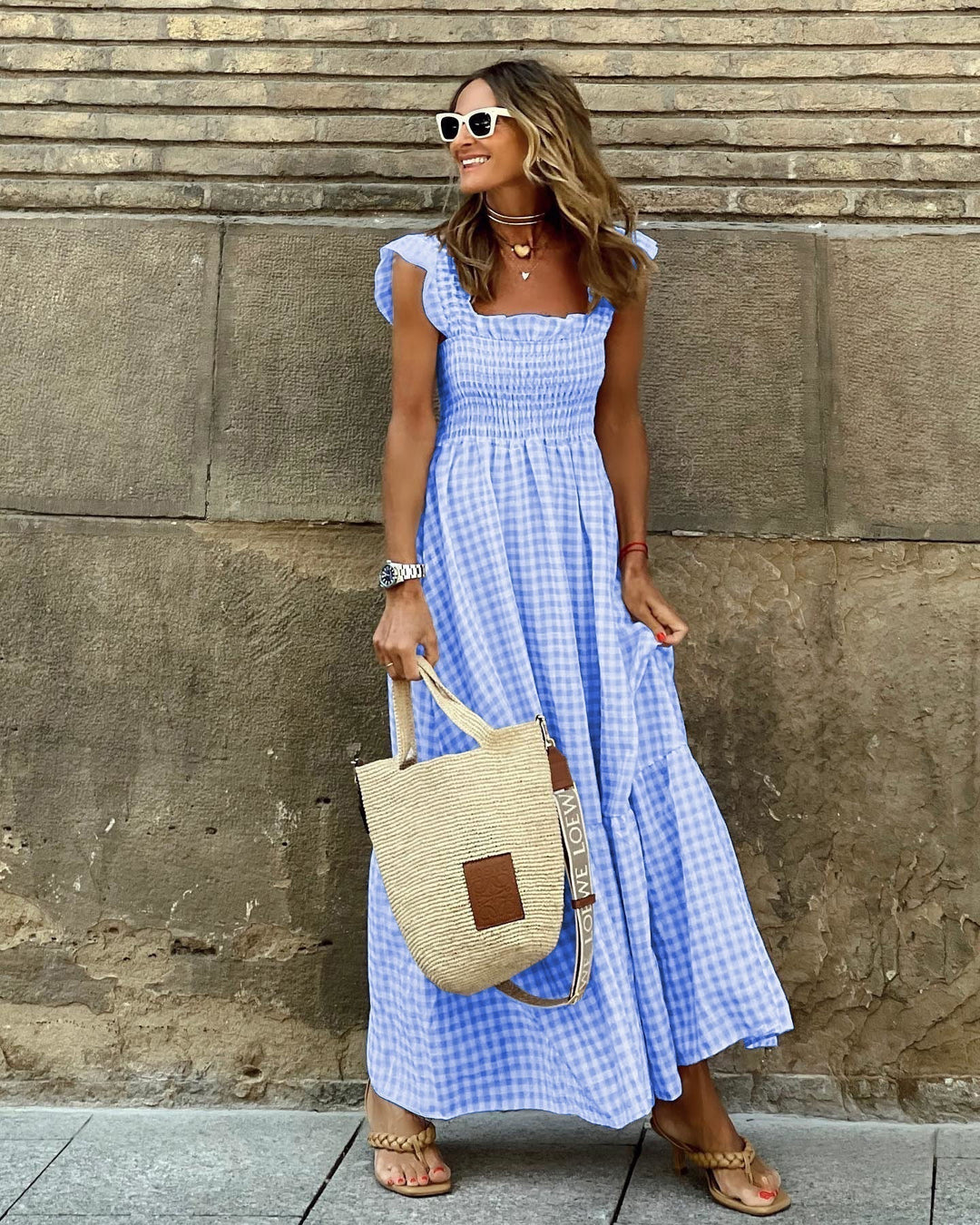 Fiona | Damen Smocked Gingham Maxikleid