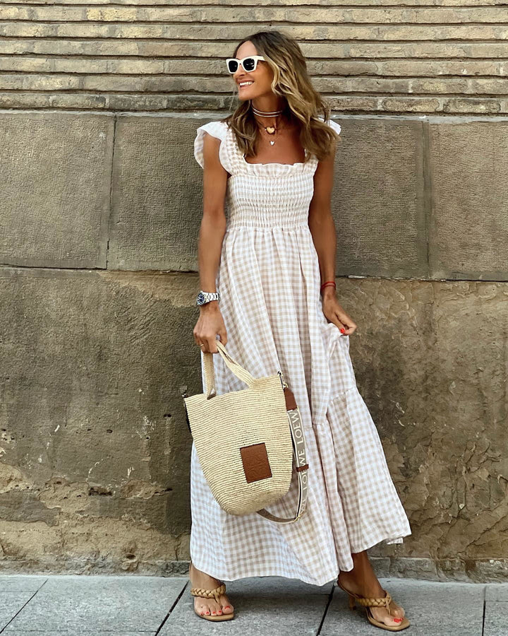 Fiona | Damen Smocked Gingham Maxikleid