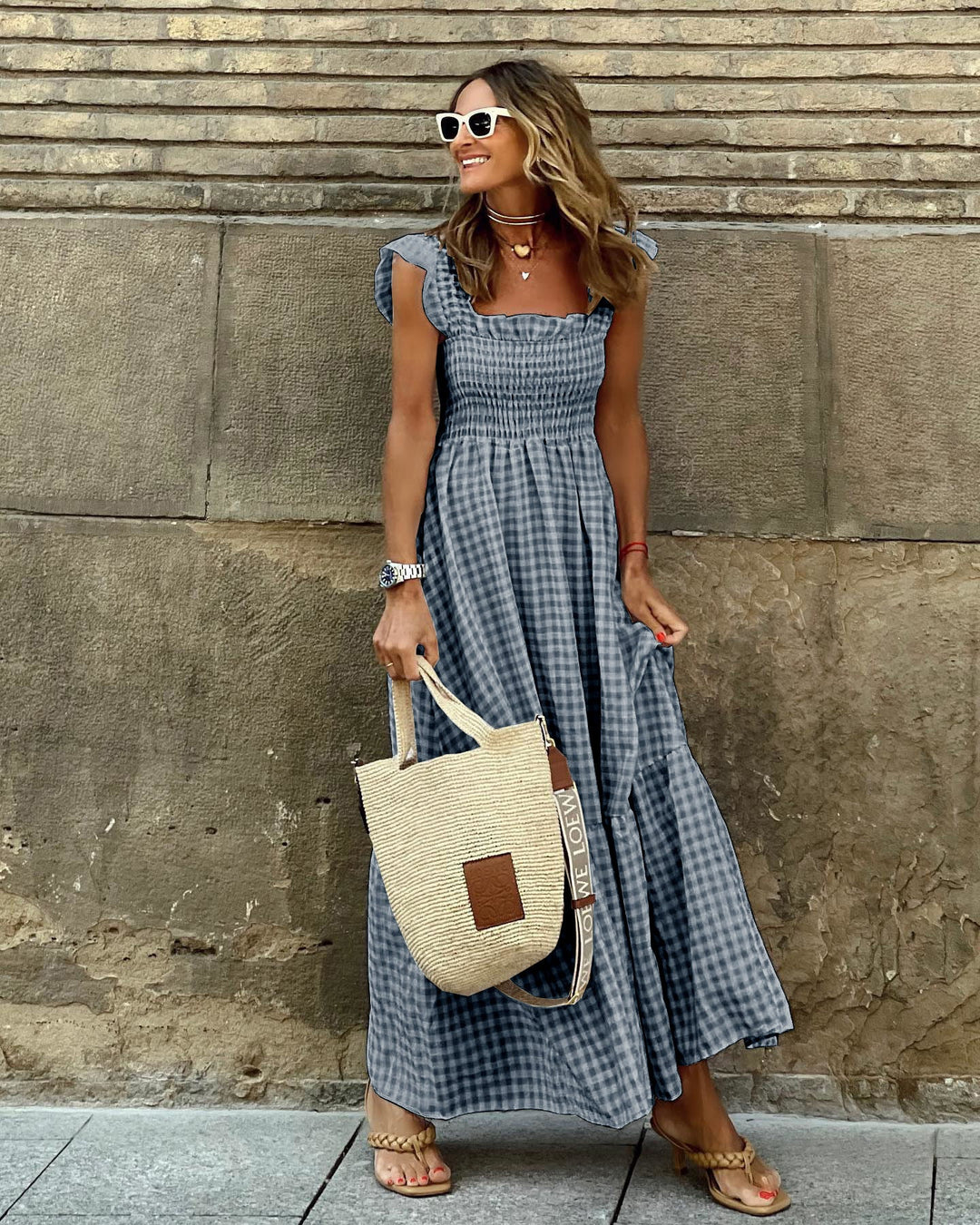 Fiona | Damen Smocked Gingham Maxikleid