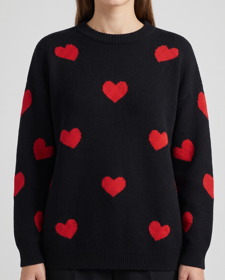 Elysia | Damen Strickpullover mit Rundhalsausschnitt und Herzmuster