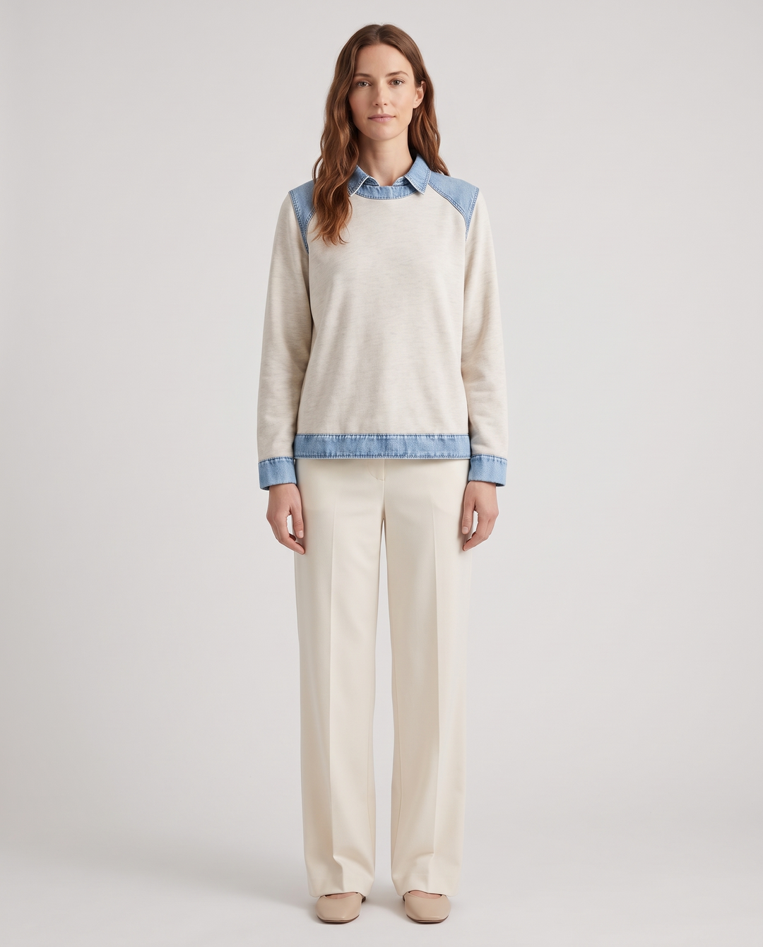 Martine | Damen Sweatshirt mit Denim-Kragen und langen Ärmeln