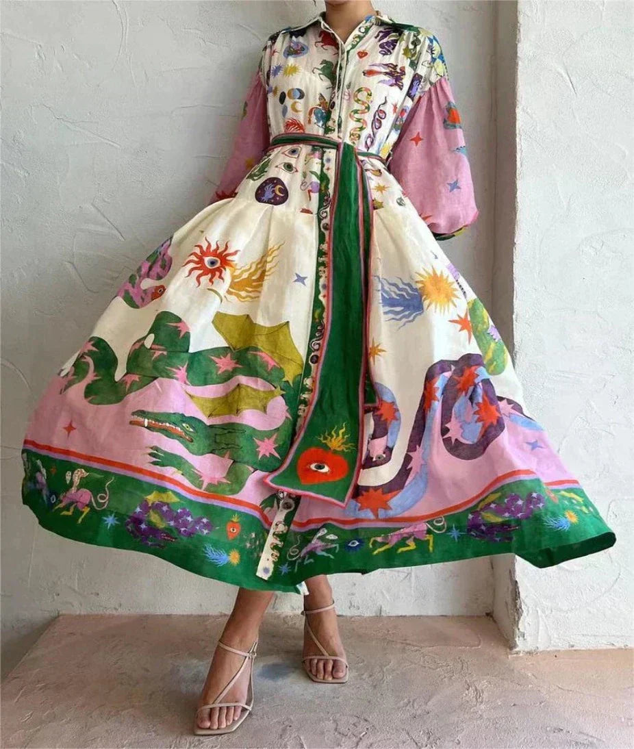 Kristin | Damen Bedrucktes Maxi Hemdkleid