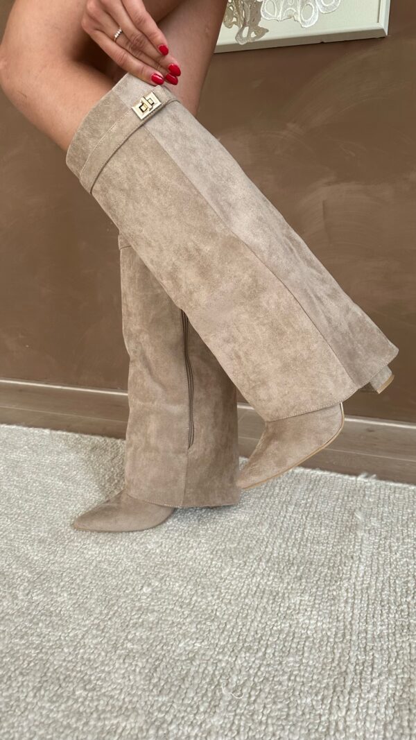 Damen Stiefel mit Blockabsatz und Schnalle aus Wildleder oder Leder