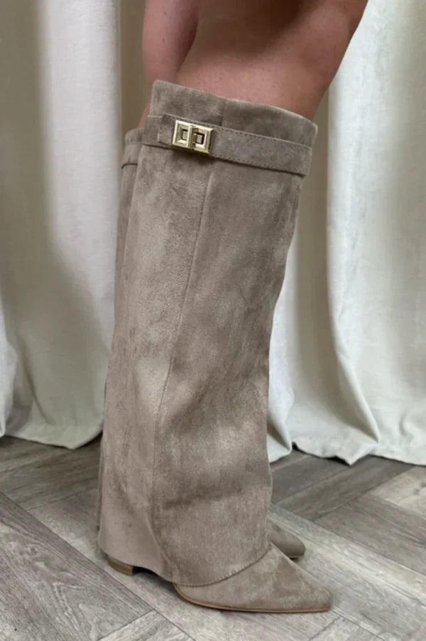 Damen Stiefel mit Blockabsatz und Schnalle aus Wildleder oder Leder