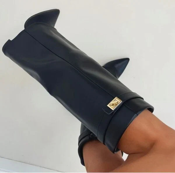 Damen Stiefel mit Blockabsatz und Schnalle aus Wildleder oder Leder