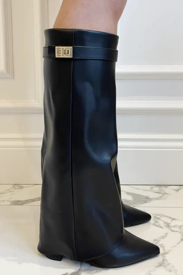 Damen Stiefel mit Blockabsatz und Schnalle aus Wildleder oder Leder