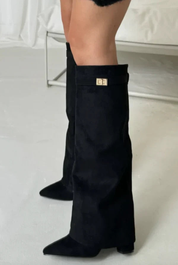 Damen Stiefel mit Blockabsatz und Schnalle aus Wildleder oder Leder