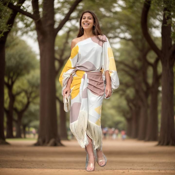 Maisie | Damen Ein-Schulter Wickel-Midi-Kleid