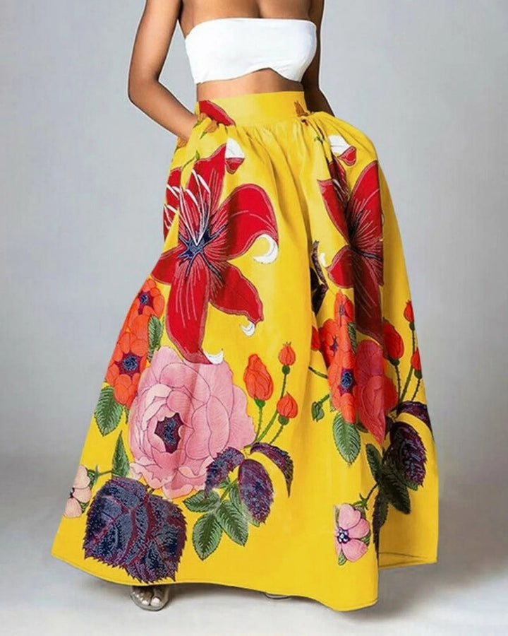 Maxi-Rock mit floralem Design – Hoher Bund und praktische Taschen