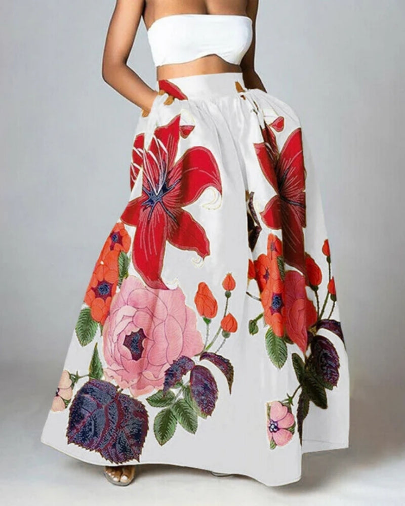 Maxi-Rock mit floralem Design – Hoher Bund und praktische Taschen