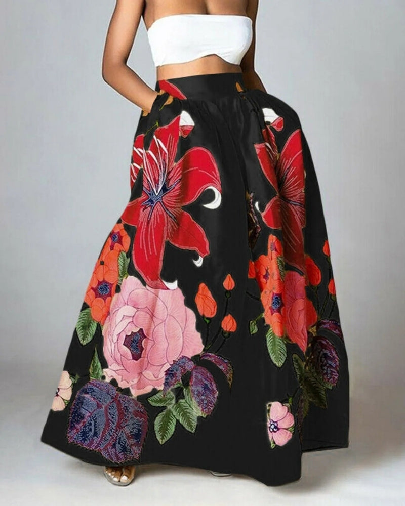 Maxi-Rock mit floralem Design – Hoher Bund und praktische Taschen