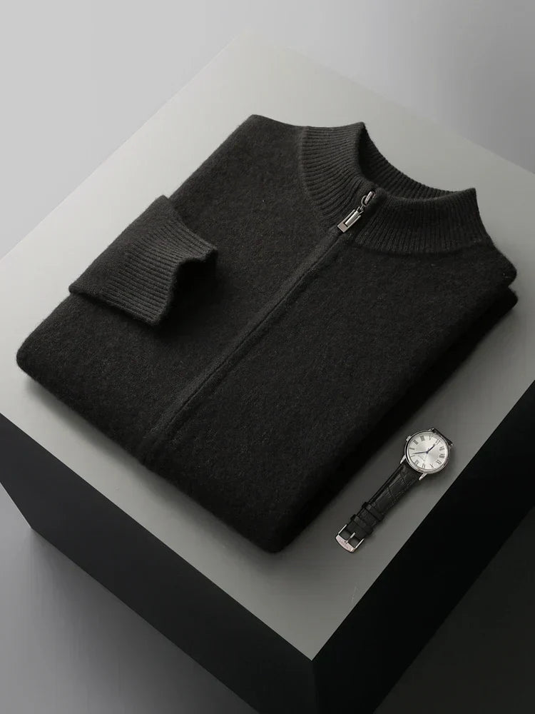 Merinowolle Cardigan Herren Voller Reißverschluss Stehkragen Unifarben Stricklage