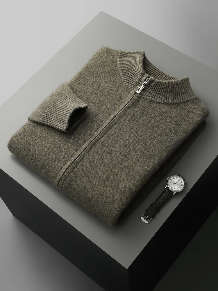 Merinowolle Cardigan Herren Voller Reißverschluss Stehkragen Unifarben Stricklage