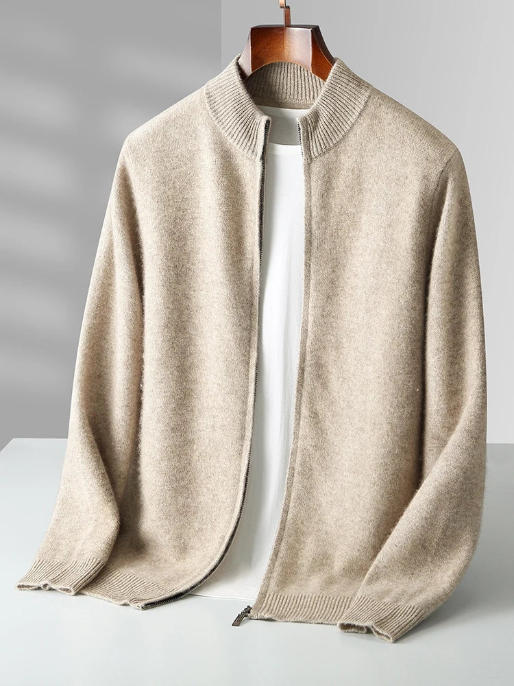 Merinowolle Cardigan Herren Voller Reißverschluss Stehkragen Unifarben Stricklage