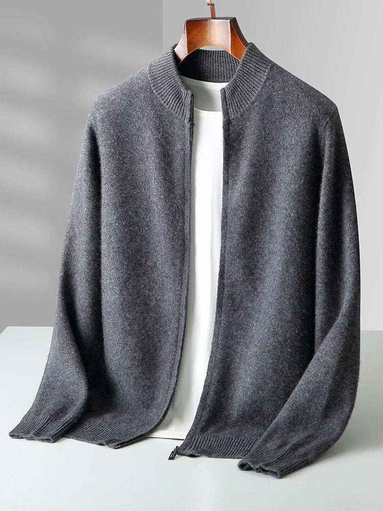 Merinowolle Cardigan Herren Voller Reißverschluss Stehkragen Unifarben Stricklage