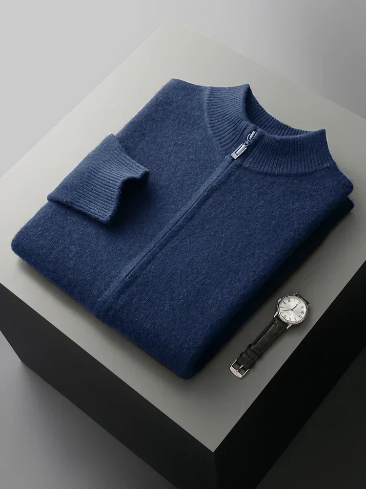 Merinowolle Cardigan Herren Voller Reißverschluss Stehkragen Unifarben Stricklage