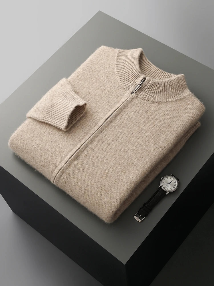 Merinowolle Cardigan Herren Voller Reißverschluss Stehkragen Unifarben Stricklage